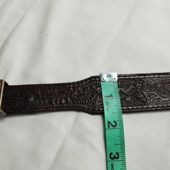 Leather Tooled Cowhide Belt Size 44 Brown With Silver Buckle MAde in The USA - Picture 11 of 11